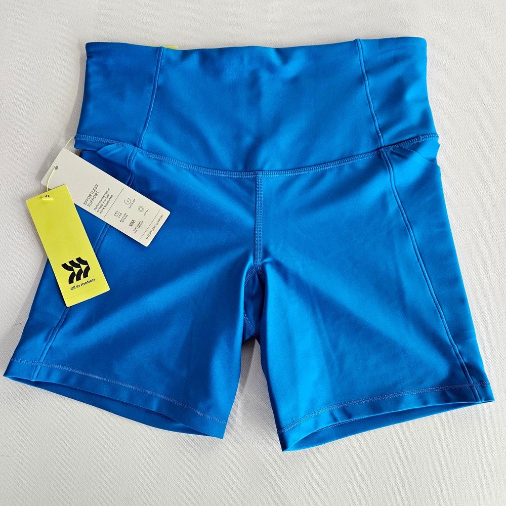 All in Motion Bike Shorts Women M Blue High-Rise 6" Inseam Pockets Athletic
